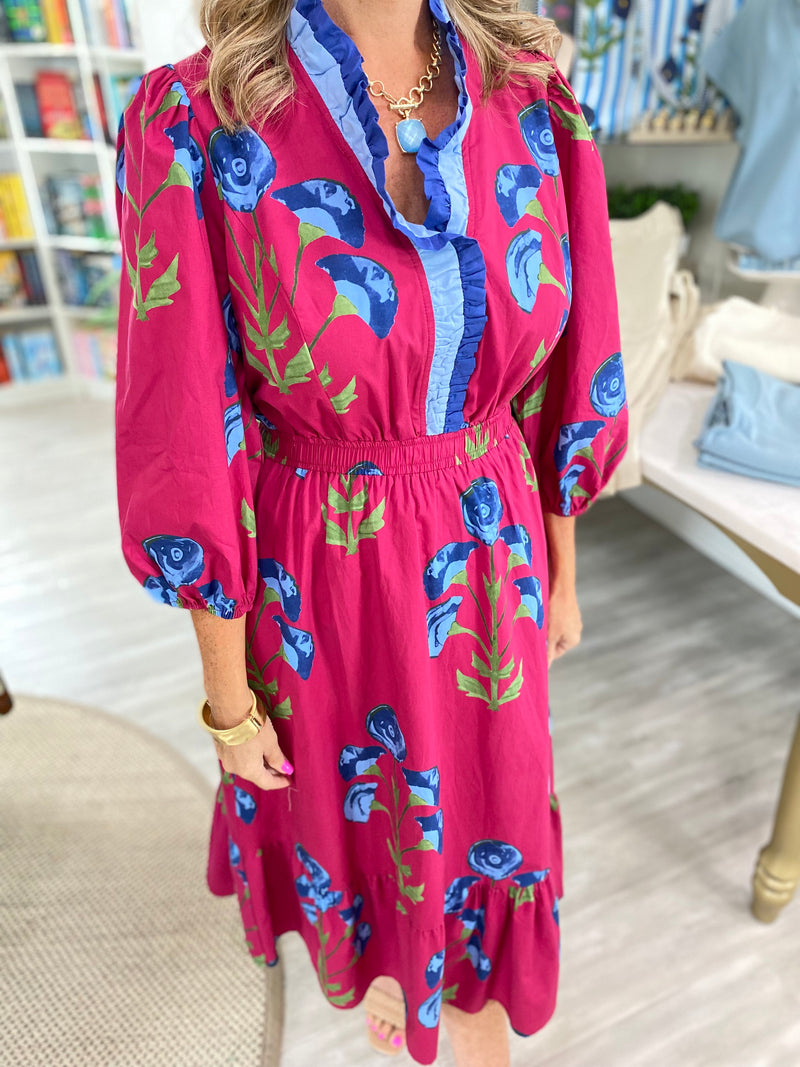 Floral Print Ruffle V Neck Midi Dress