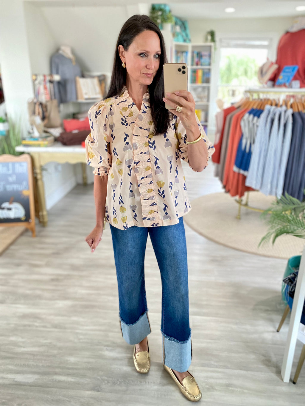 Floral Ruffle Surplice V Neck  Puff Sleeve Blouse