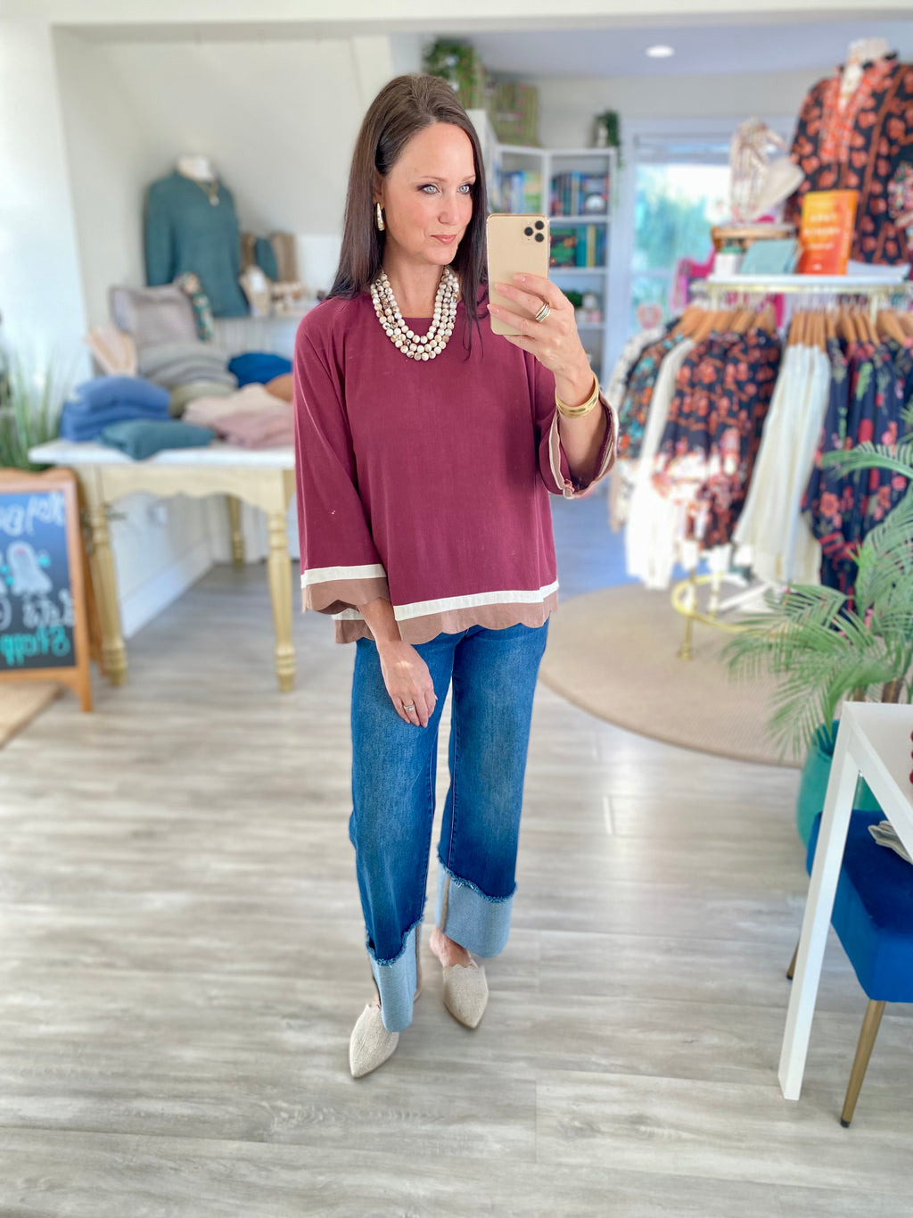 Linen Blend Scalloped Hem Color Block Top