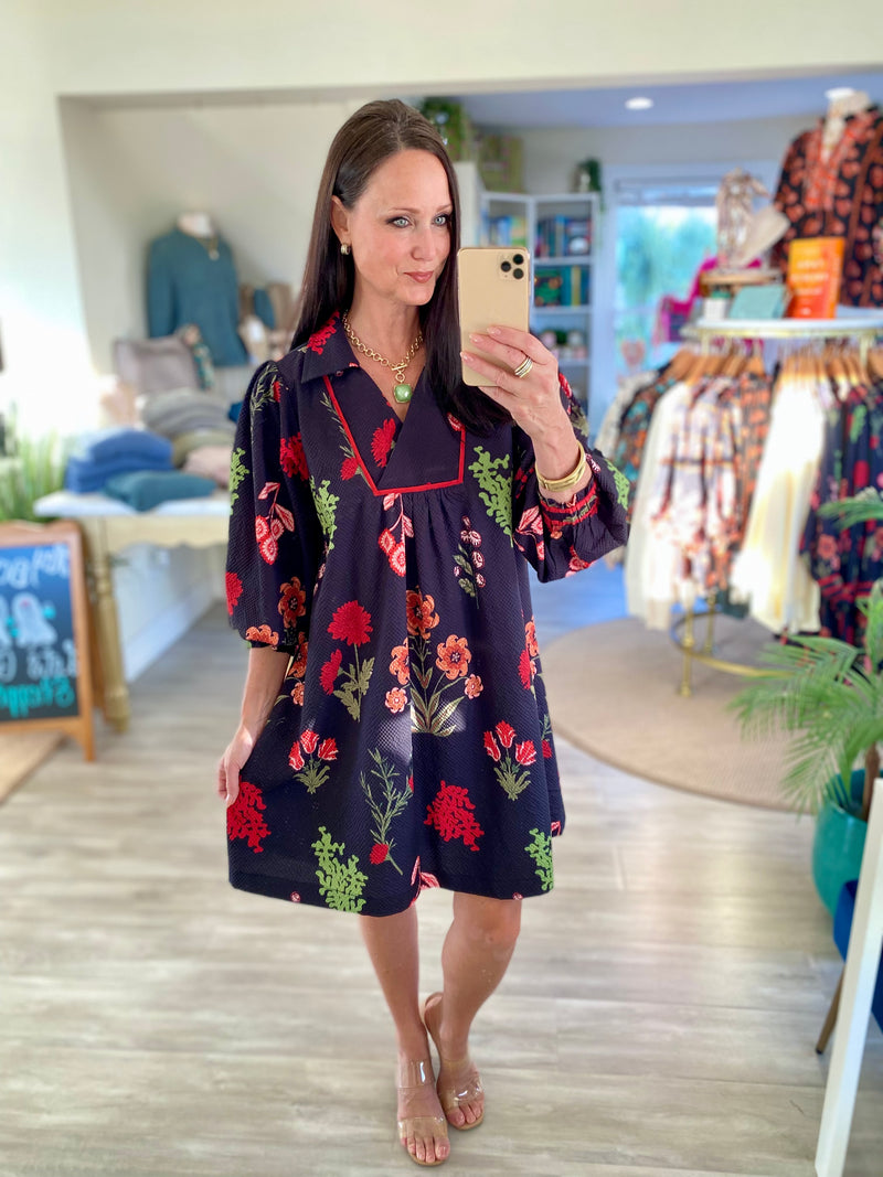 Botanical Floral Collared Shift Dress