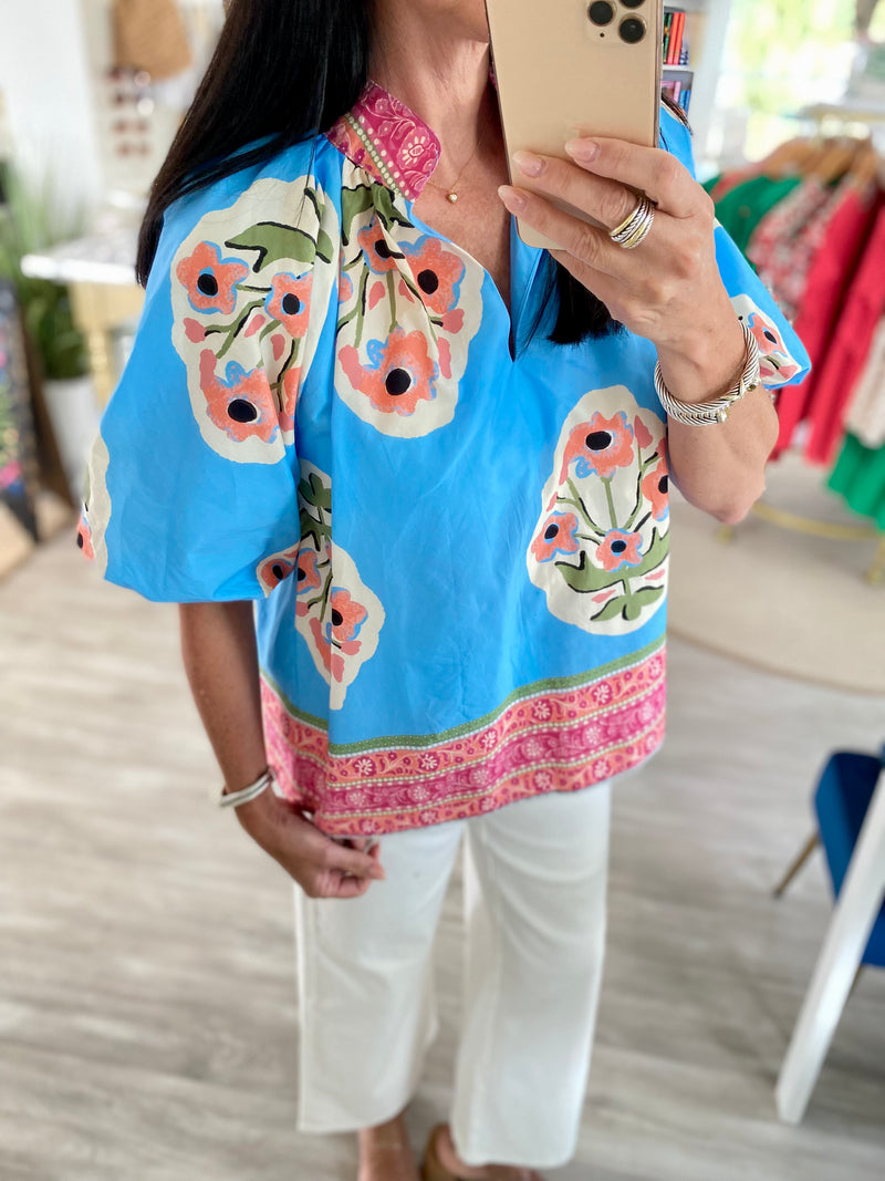 Floral and Border Print Balloon Sleeve Top