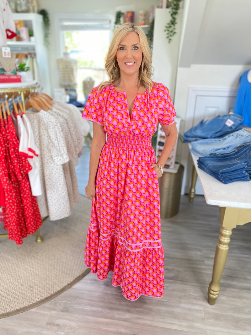 Paden Abstract Smocked Waist Midi Dress