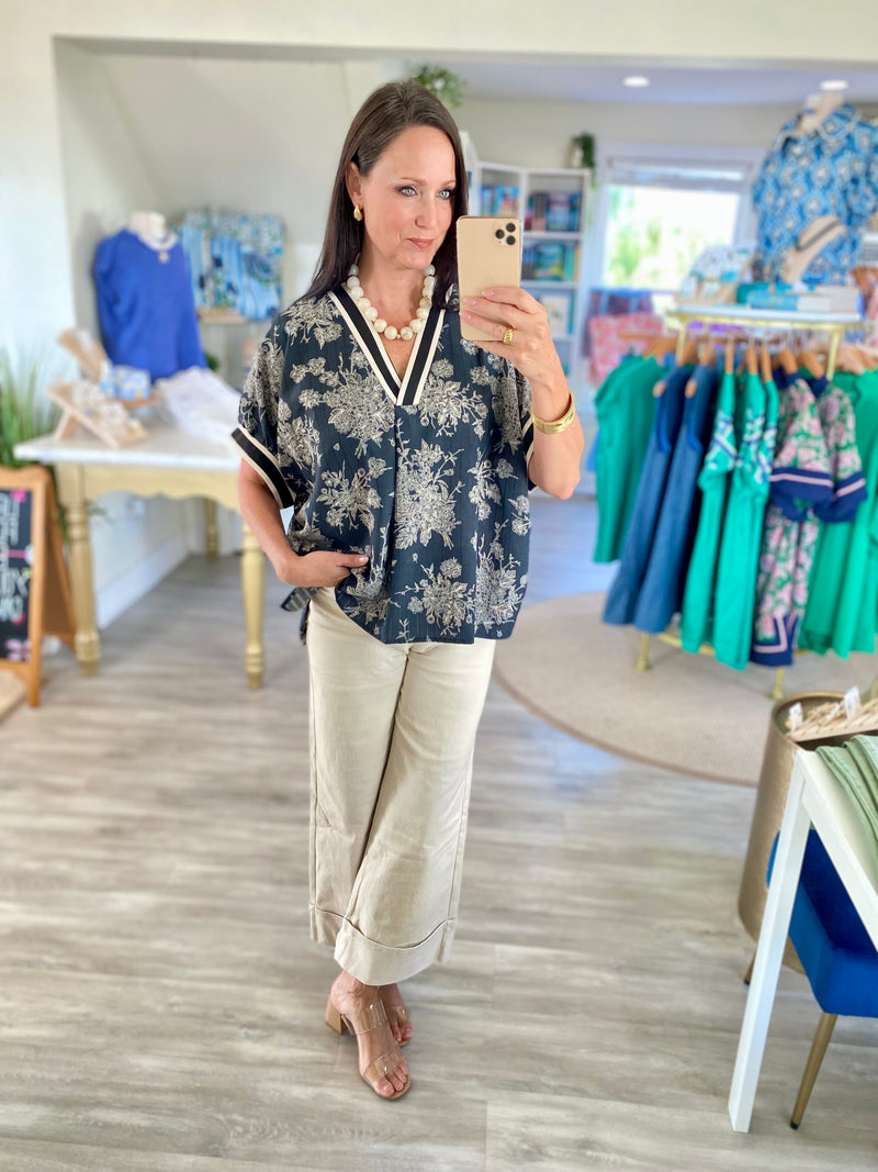 Floral Print Dolman Sleeve V Neck Top