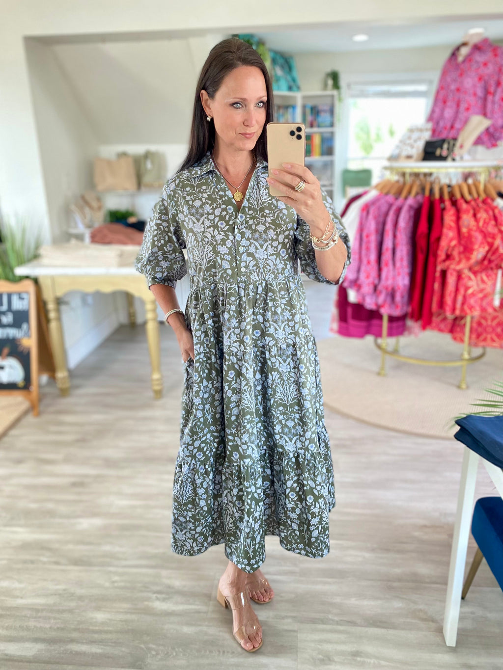 Floral Print Collared V Neck Midi Dress