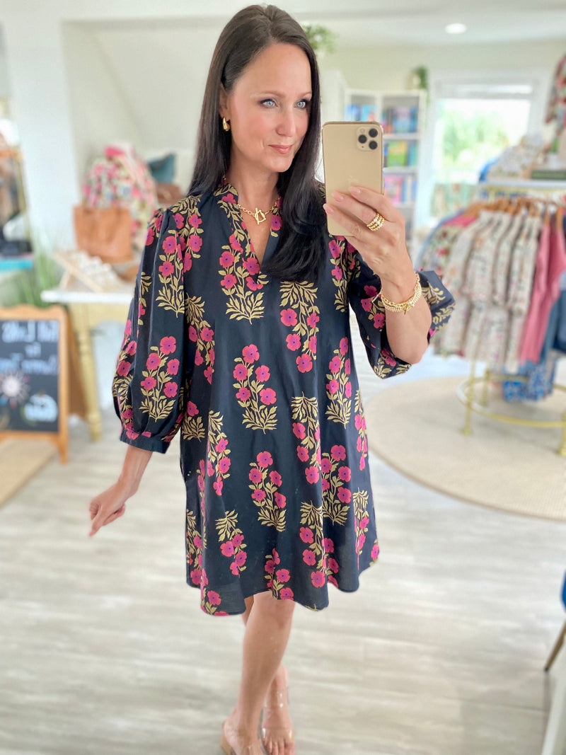 Floral Print Split Neck 3/4 Sleeve Mini Dress