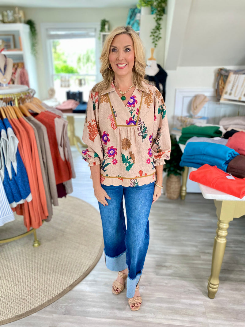 Floral Print Textured Fabric Collared Top