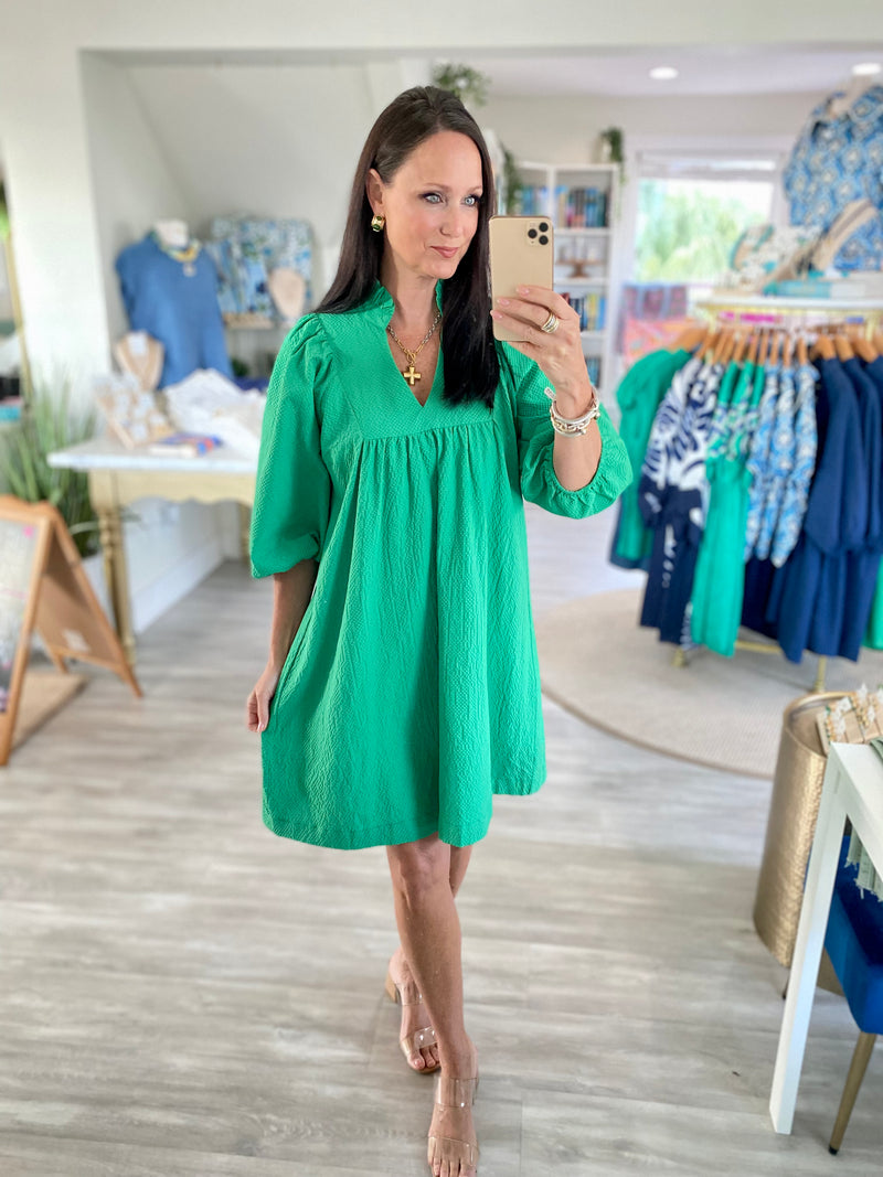 Textured Puff Sleeve Babydoll Dress