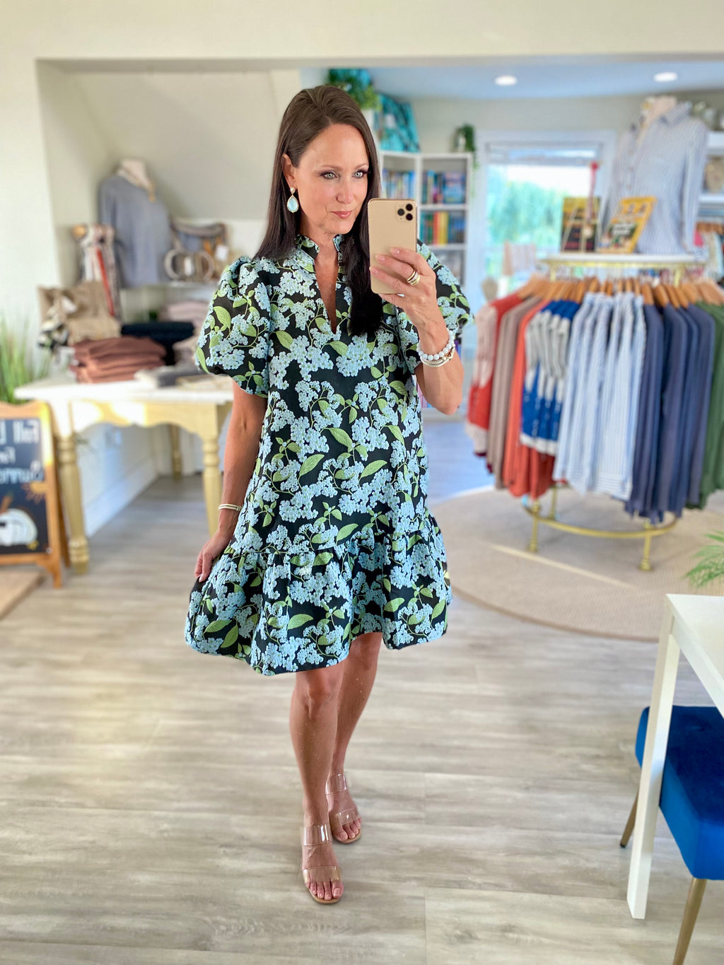 Floral Print Jacquard Puff Sleeve Mini Dress