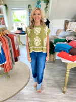 Damask Print Short Sleeve Sweater Top