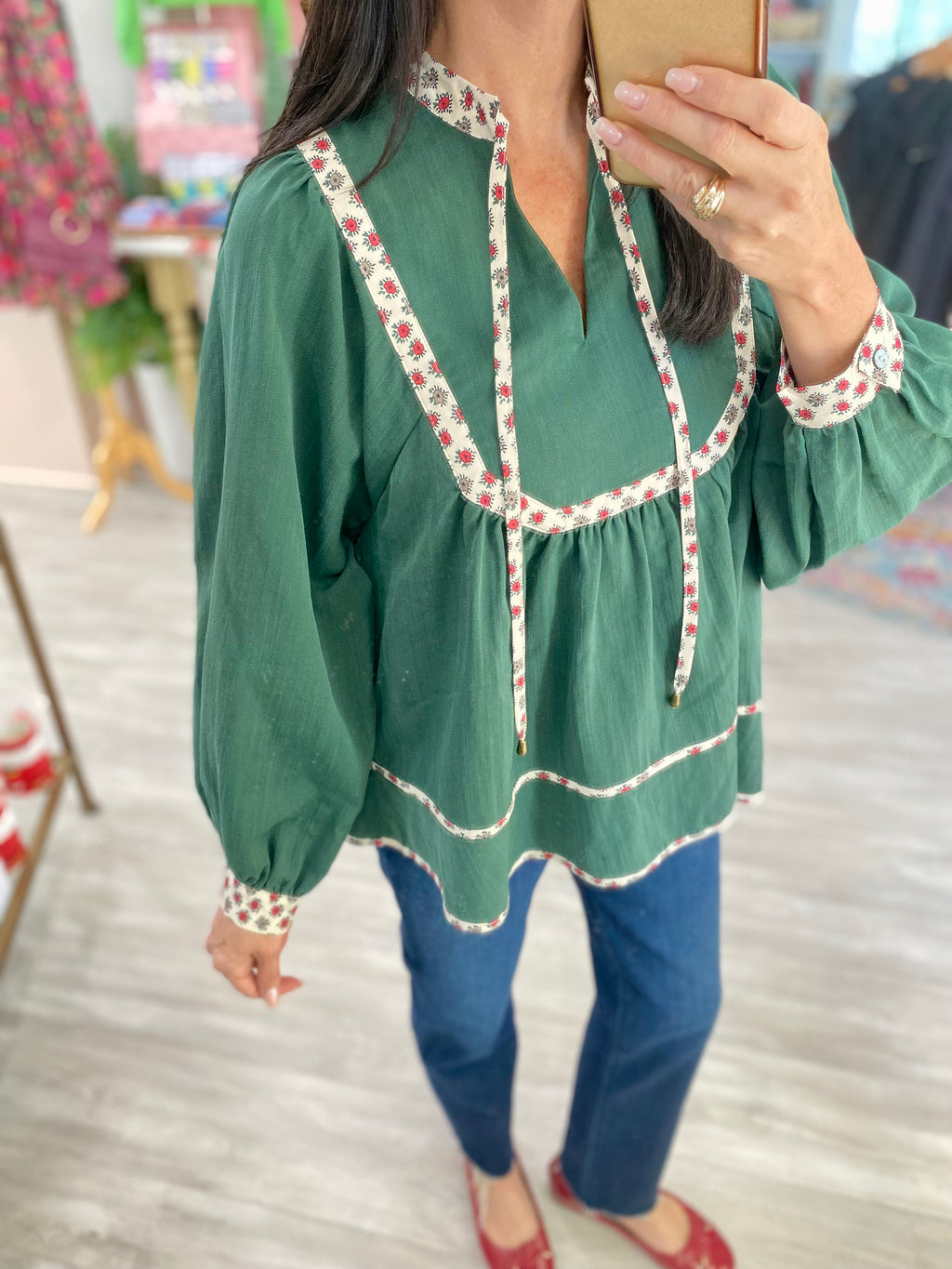 Floral Trim Front Tie Top