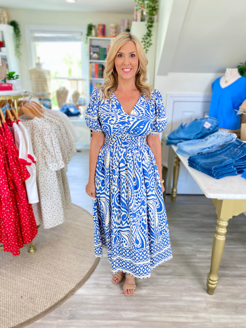 Short Sleeve Border Print Smocked Waist Midi Dress