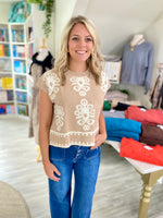 Damask Print Short Sleeve Sweater Top