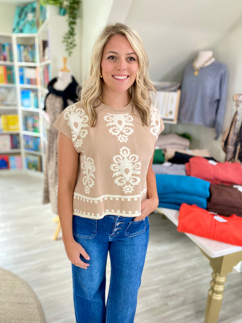 Damask Print Short Sleeve Sweater Top