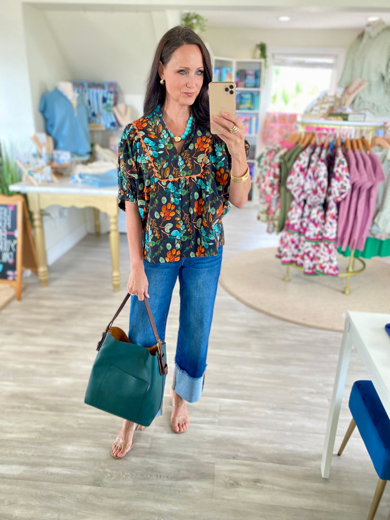 Floral Print Dolman Sleeve V Neck Top