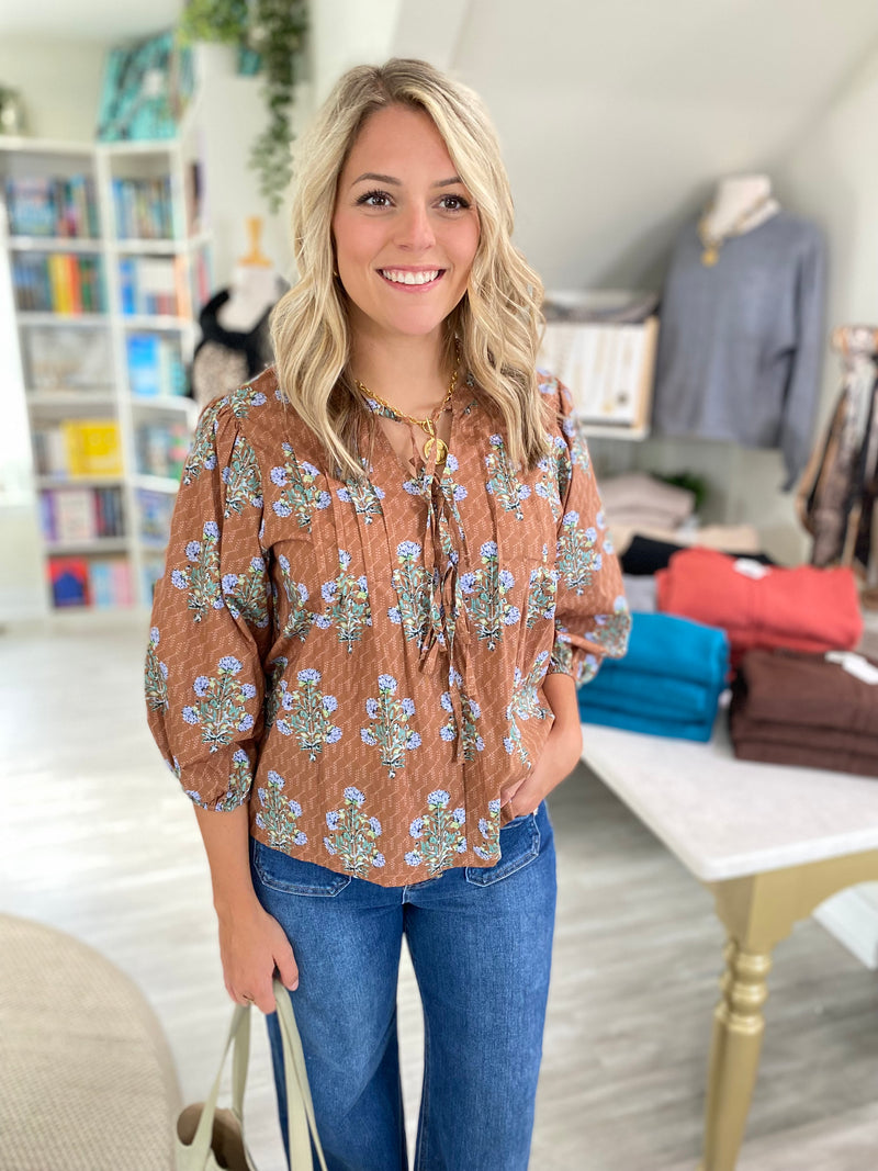 Botanical  Floral Tie-Neck Blouse