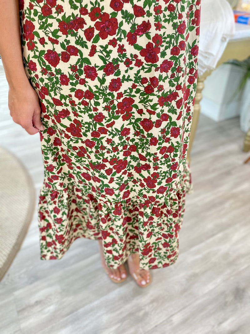 Floral Print Button Bust Short Puff Sleeve Midi Dress
