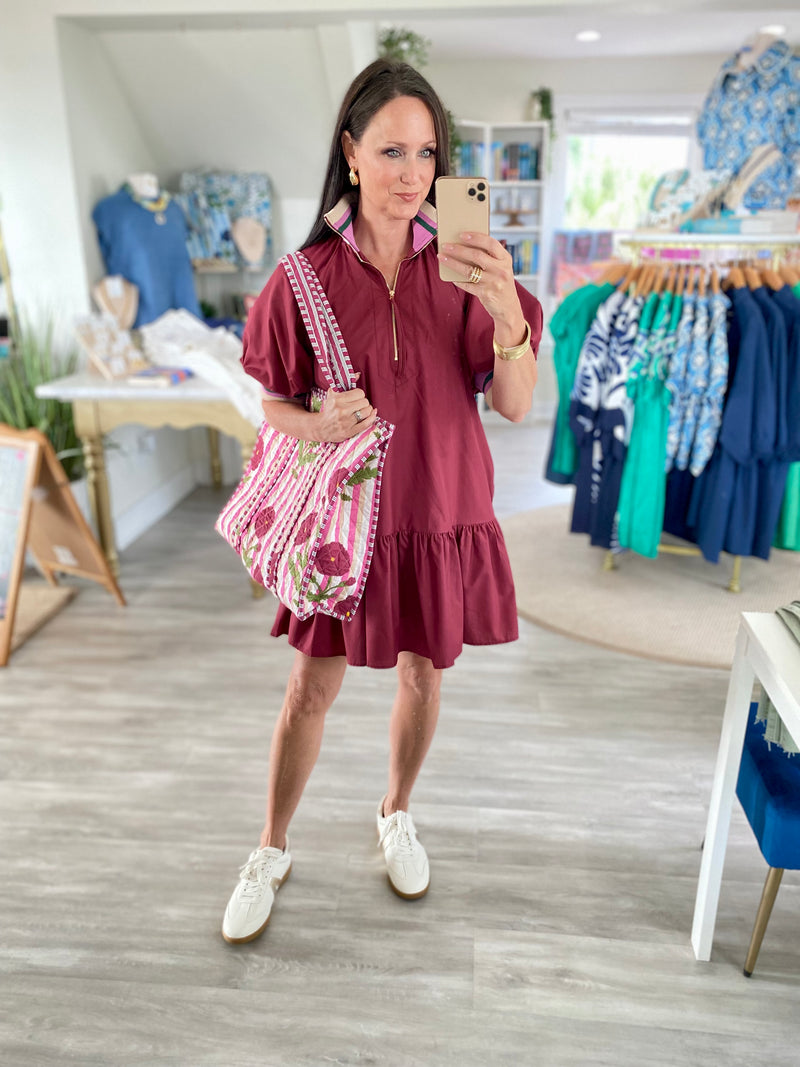 Contrast Band Puff Sleeve Zipper Front Dress