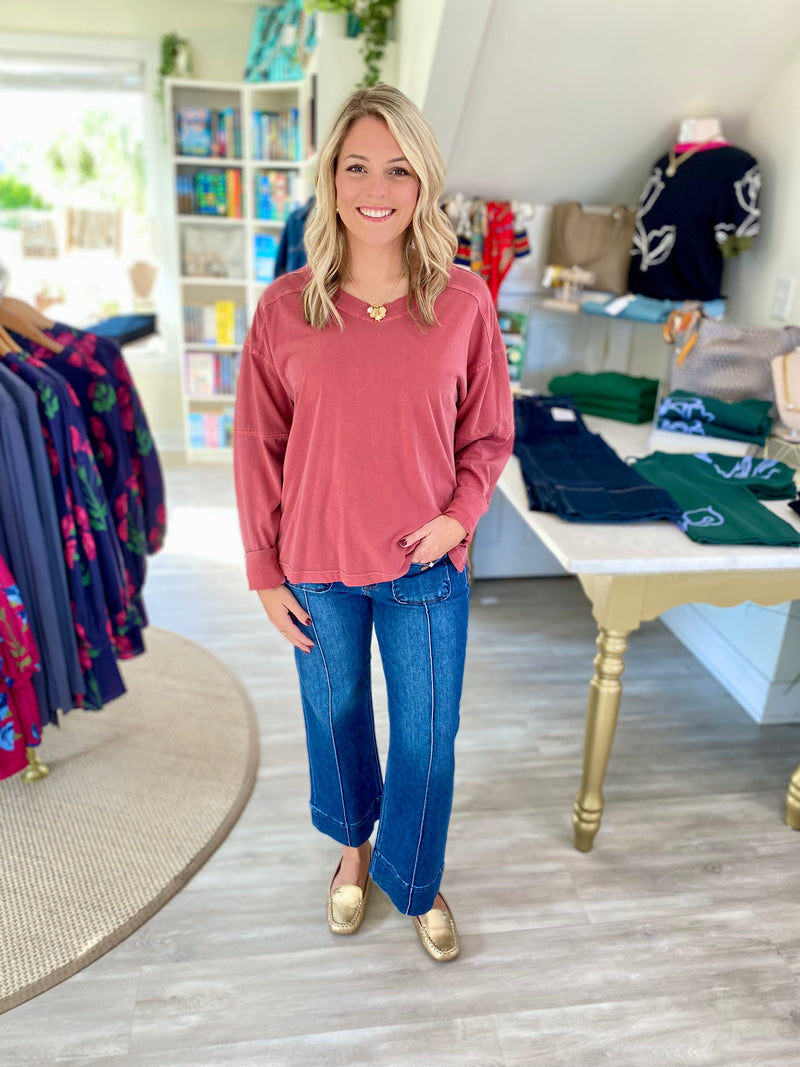 Pigment Wash V Neck Long Sleeve Tee