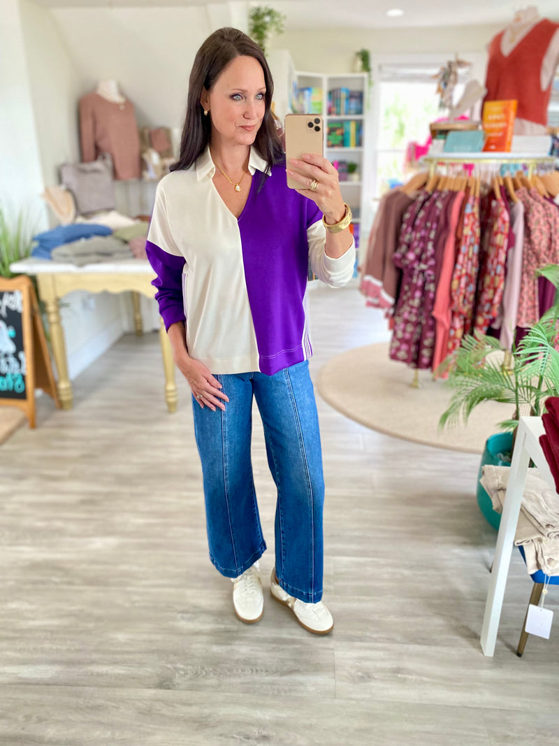 Color Block Collared V Neck Knit Top