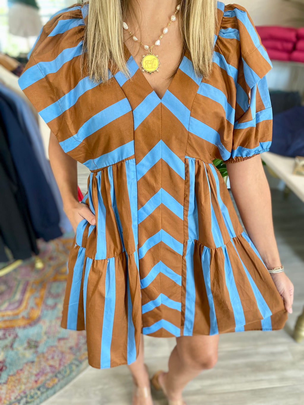 Mixed Stripe Puff Sleeve Dress