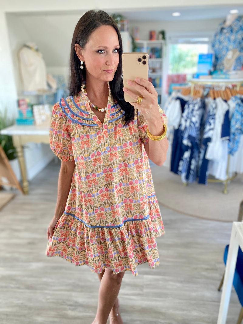 Ruffle Collar Short Sleeve Floral Dress