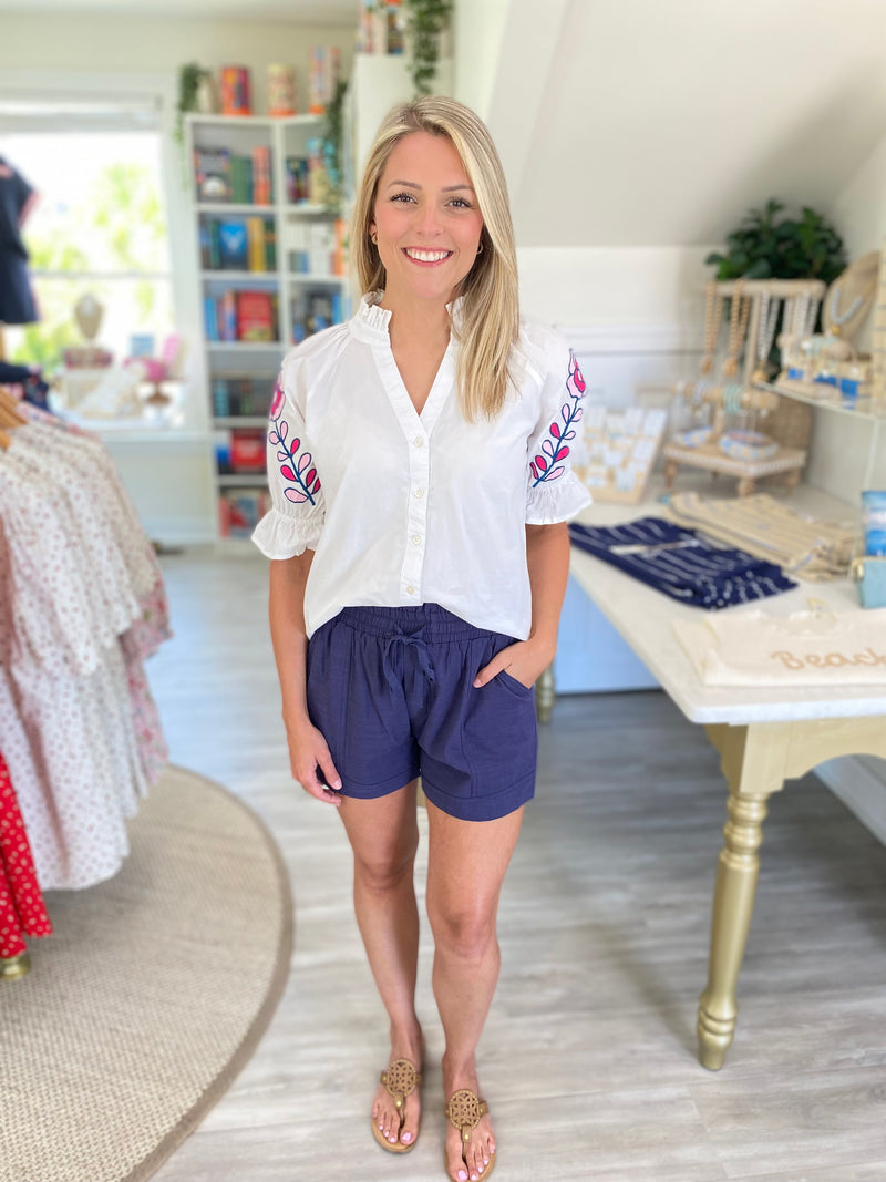THML Embroidered Flower Sleeve Top