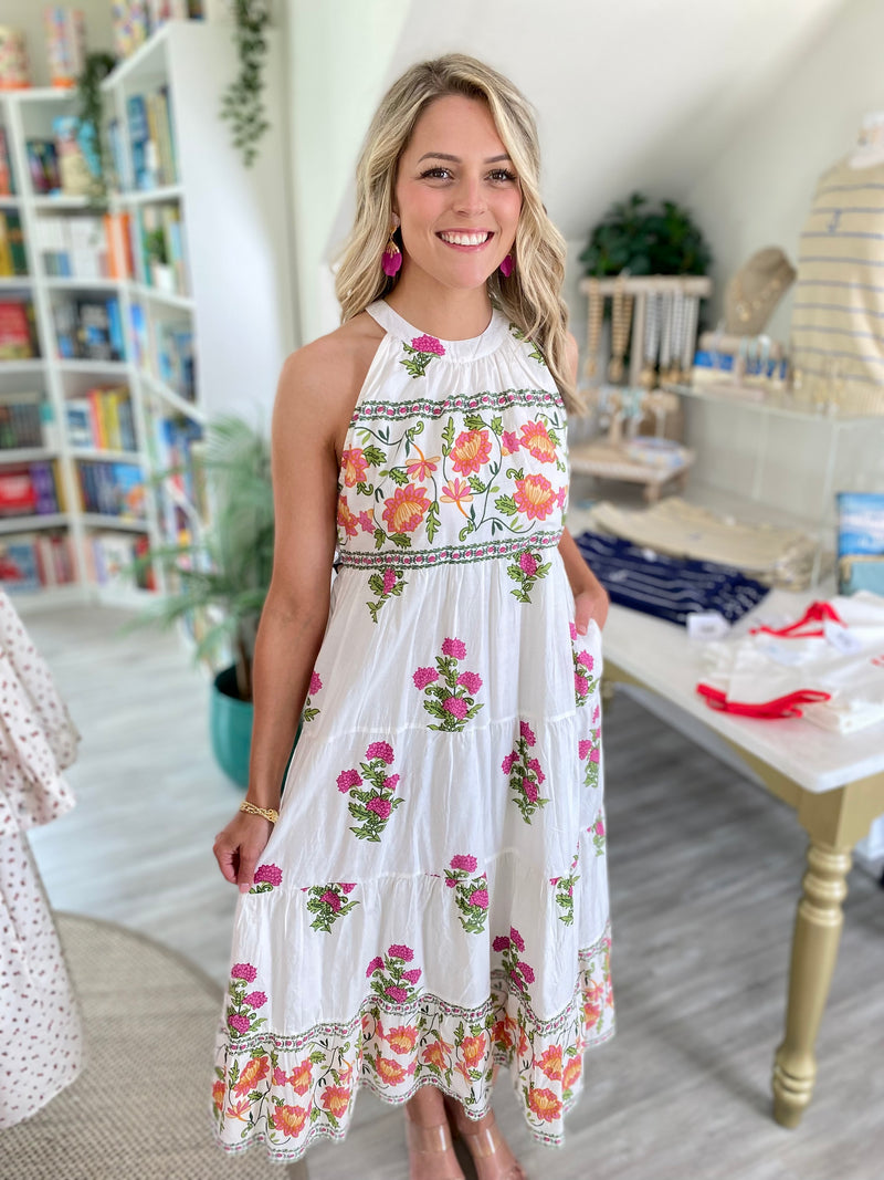 THML Floral and Border Print Halter Midi Dress
