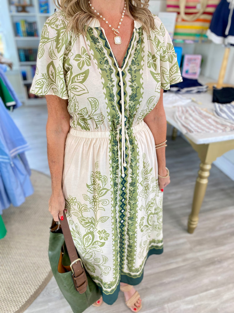 Border Print Flutter Sleeve Elastic Waist Midi Dress