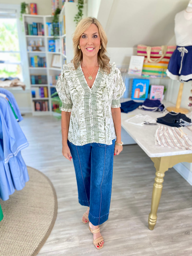 Print Smocked Ruffle V Neck Top