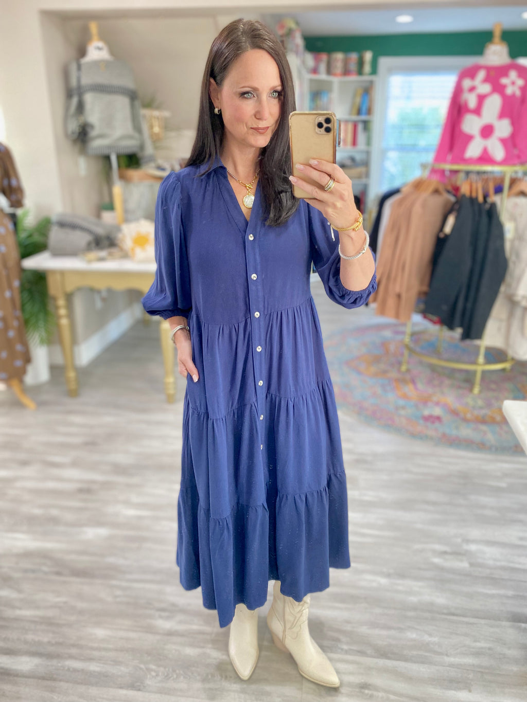 3/4 Sleeve Button Down Tiered Woven Mid Dress