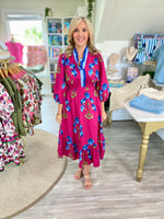 Floral Print Ruffle V Neck Midi Dress