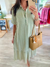 Stripe Seersucker Short Sleeve Button Down Midi Dress