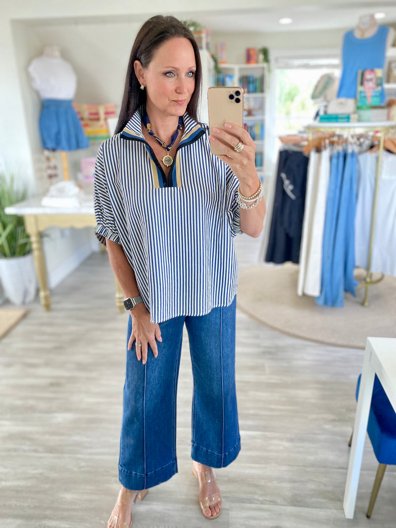 Contrast Stripe Seersucker Dolman Sleeve Top