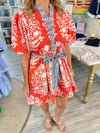 THML Mixed Print Puff Sleeve Tie Waist Mini Dress
