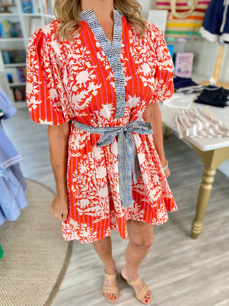 THML Mixed Print Puff Sleeve Tie Waist Mini Dress