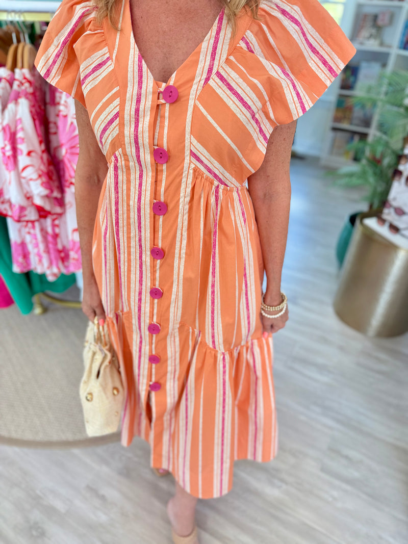 Stripe V Neck Button Front Midi Dress