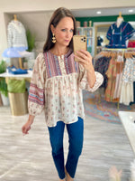 Mixed Print Peasant Top