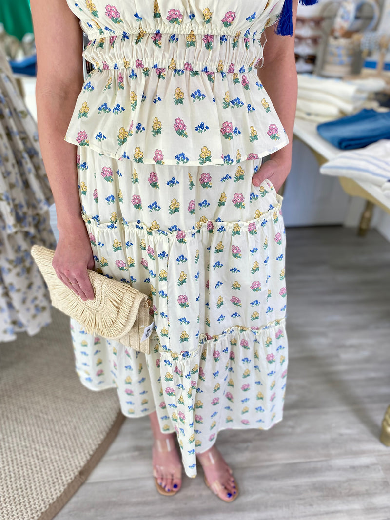 Stamp Floral Print Tiered Midi Skirt