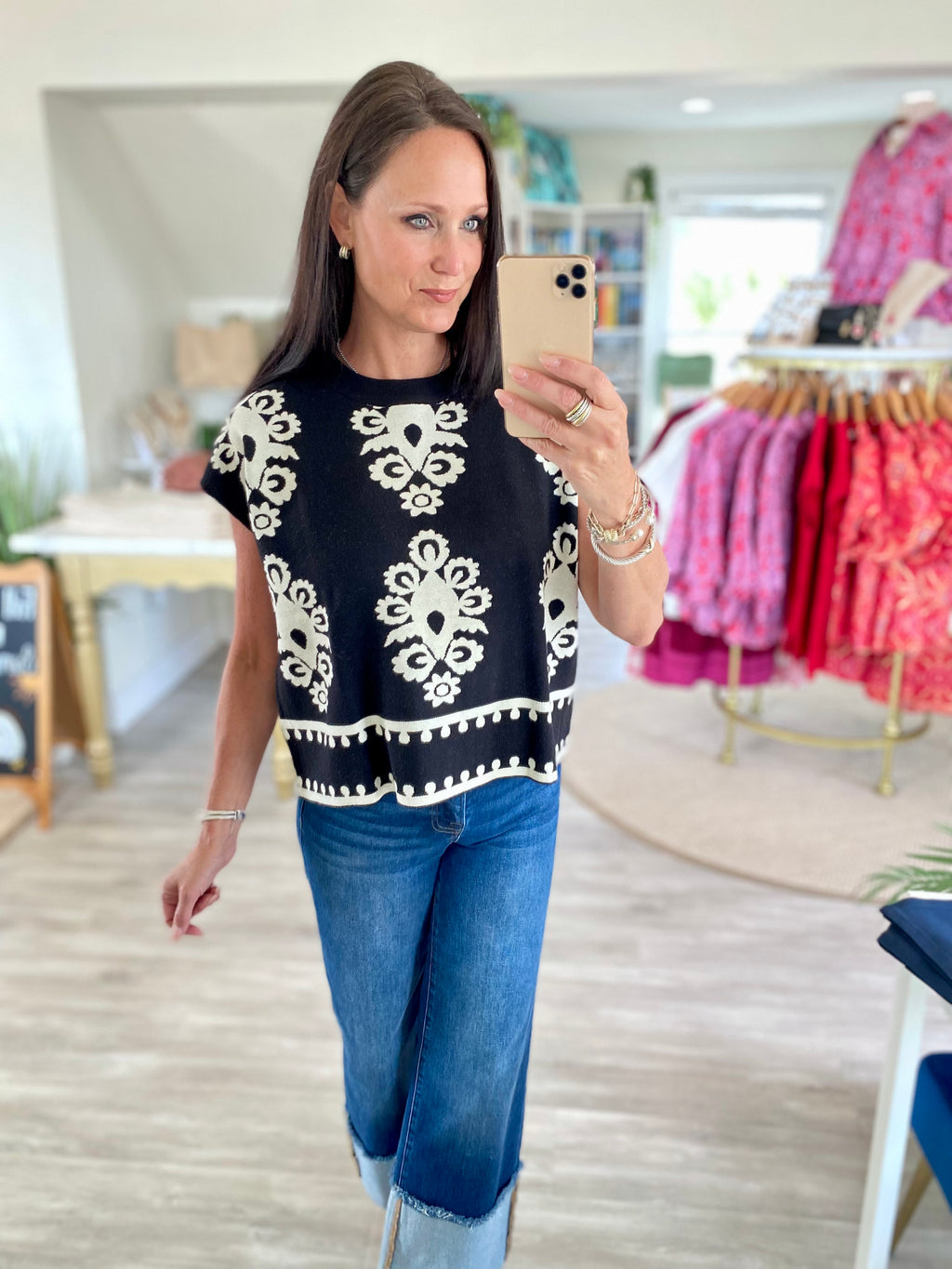 Damask Print Short Sleeve Sweater Top