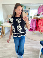 Damask Print Short Sleeve Sweater Top