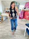 Damask Print Short Sleeve Sweater Top