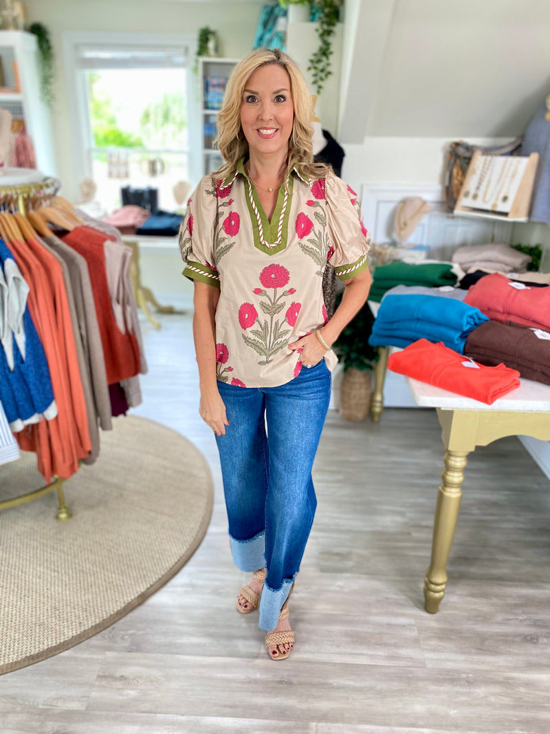 Floral Print Stripe Piping V Neck Top