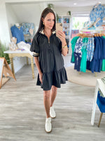 Contrast Band Puff Sleeve Zipper Front Dress