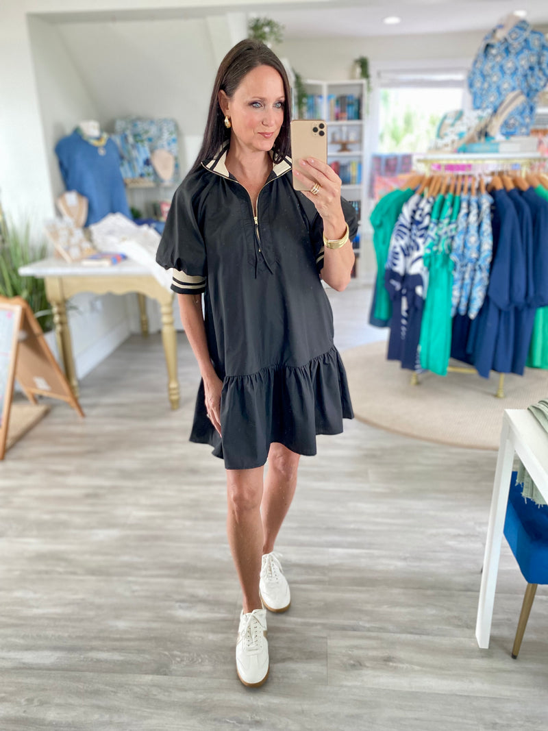 Contrast Band Puff Sleeve Zipper Front Dress