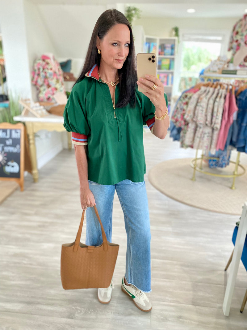 Contrast Stripe Zipper Front Top