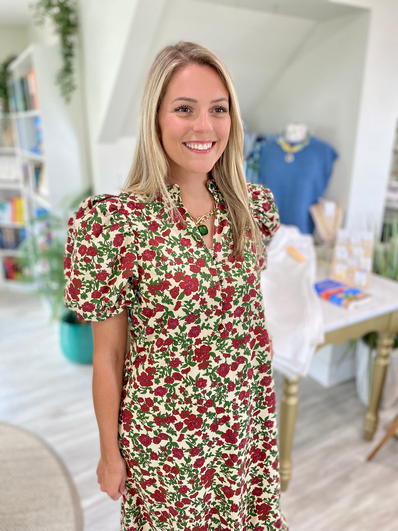 Floral Print Button Bust Short Puff Sleeve Midi Dress