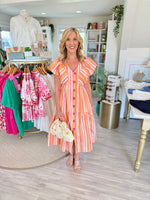 Stripe V Neck Button Front Midi Dress