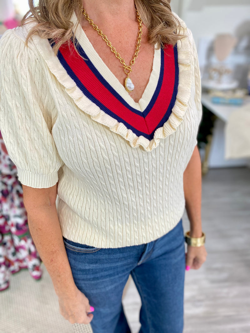 Contrast Stripe V Neck Short Sleeve Sweater