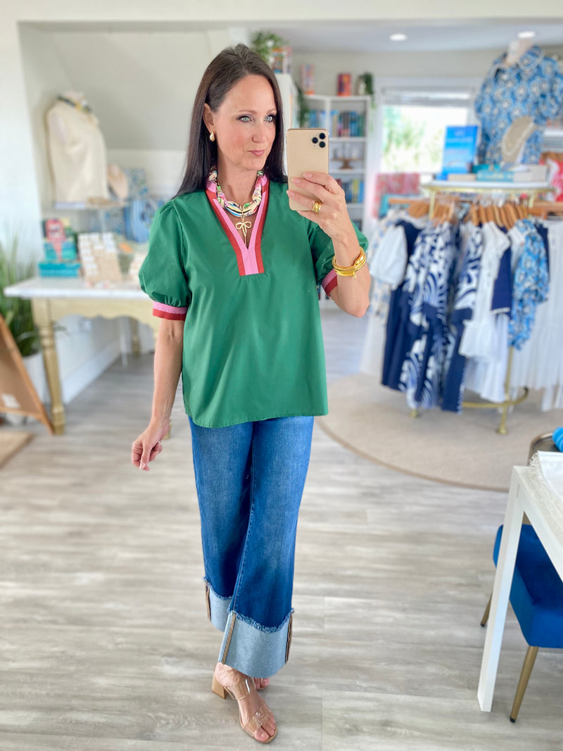 Contrast Stripe  Band Puff Sleeve Top
