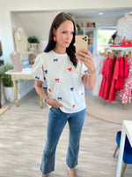 THML Embroidered Red and Blue Bow Knit Top